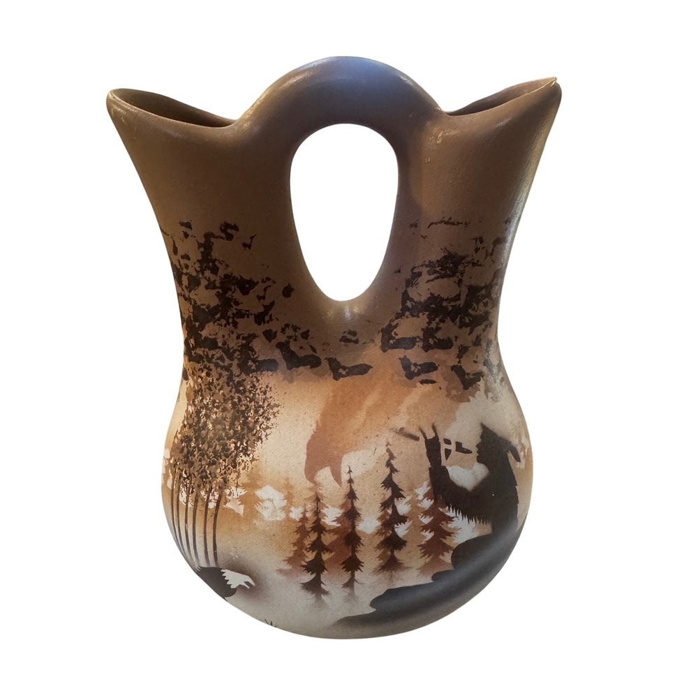 Benally Navajo Wedding Vase Hand Painted Kokopelli Eagle Wolf Pottery 8in